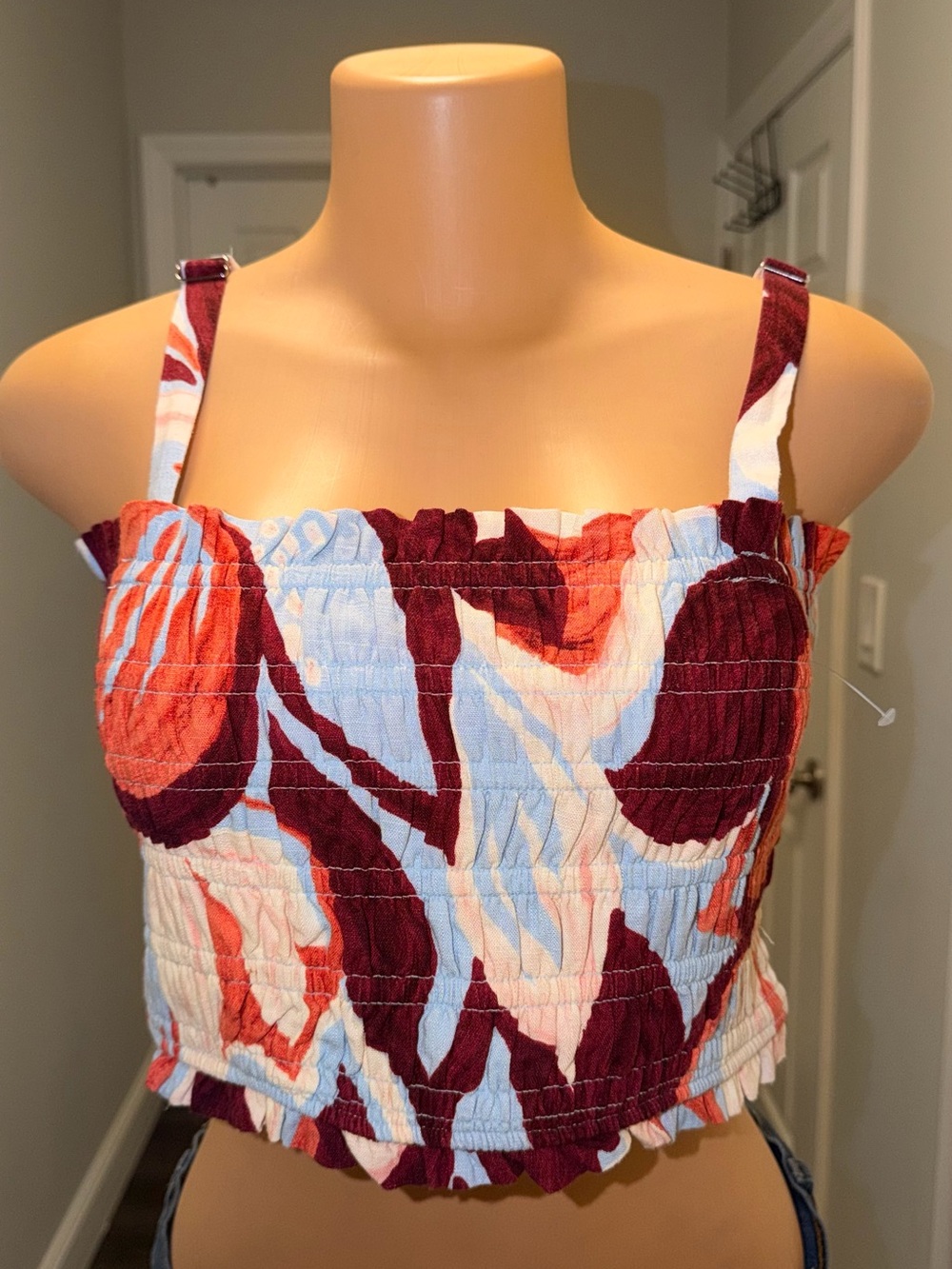 NWT PAPER HEART Smocked Floral Crop Tank Top - Red Multi SZ XL